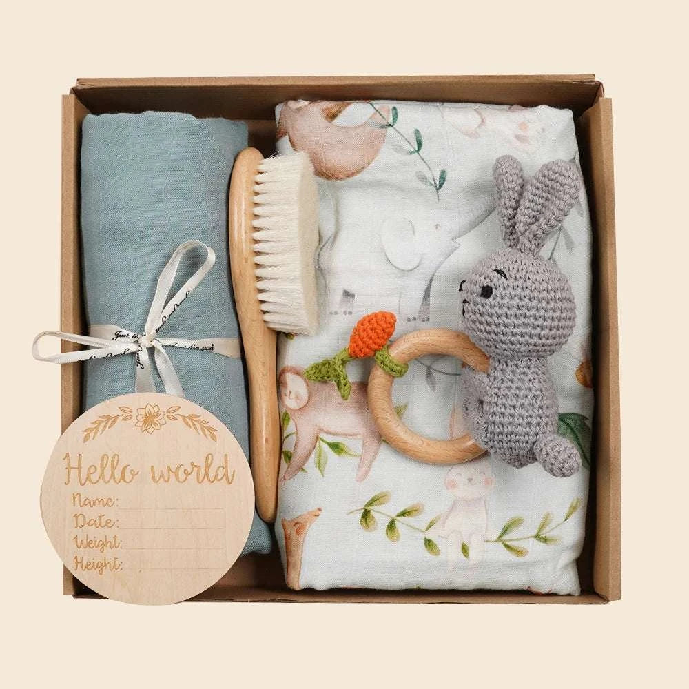 Cadeau de naissance - Coffret Hochet lapin gris - 5 pièces