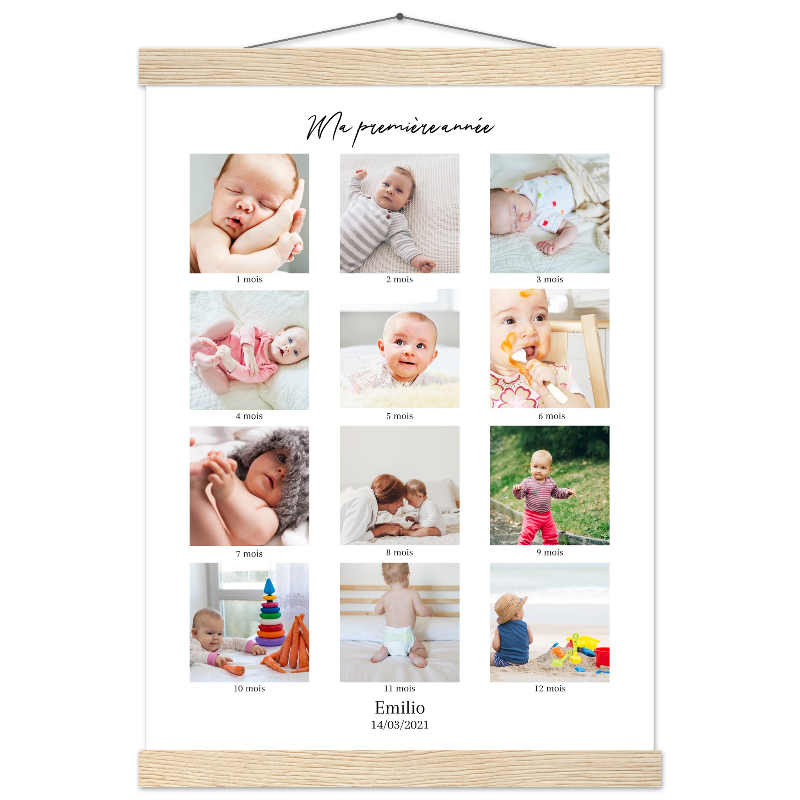 Affiche Ma première année de bébé - Porte affiche en bois naturel