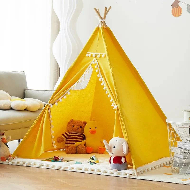 Tente tipi - Jaune et pompons blancs